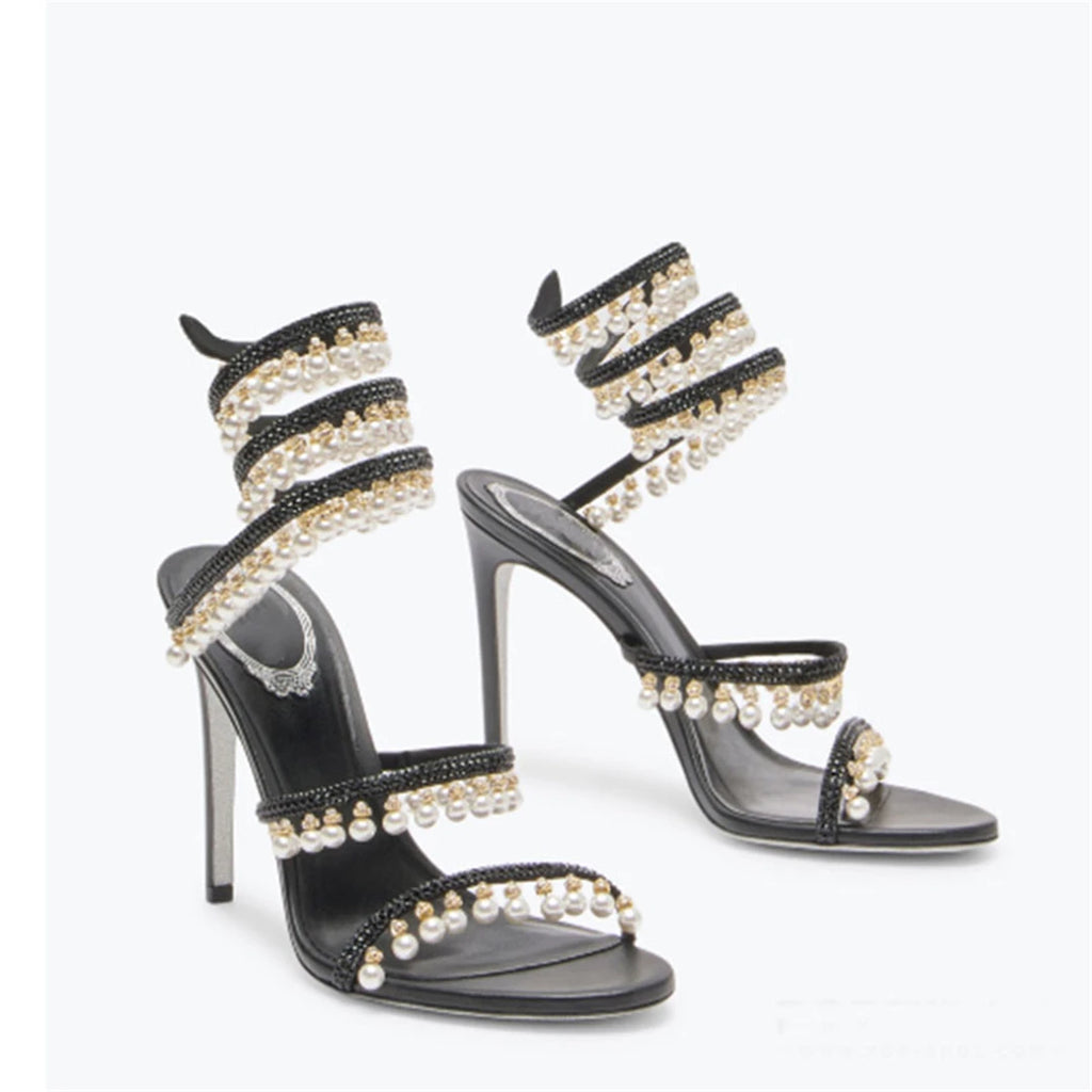 Summer new pearl rhinestone wrapped sexy waterproof platform sandals thin high-heeled banquet dress large size women's shoes