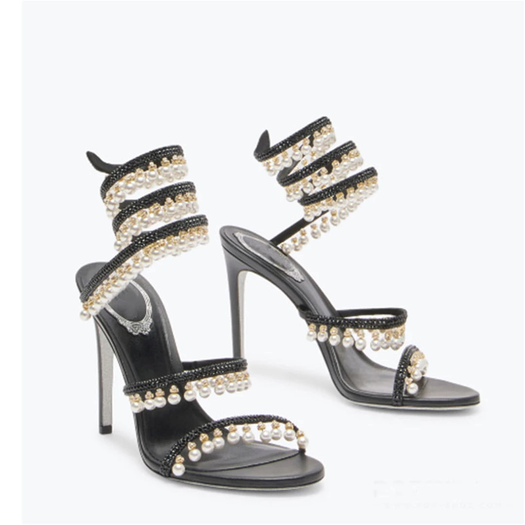 Summer new pearl rhinestone wrapped sexy waterproof platform sandals thin high-heeled banquet dress large size women's shoes