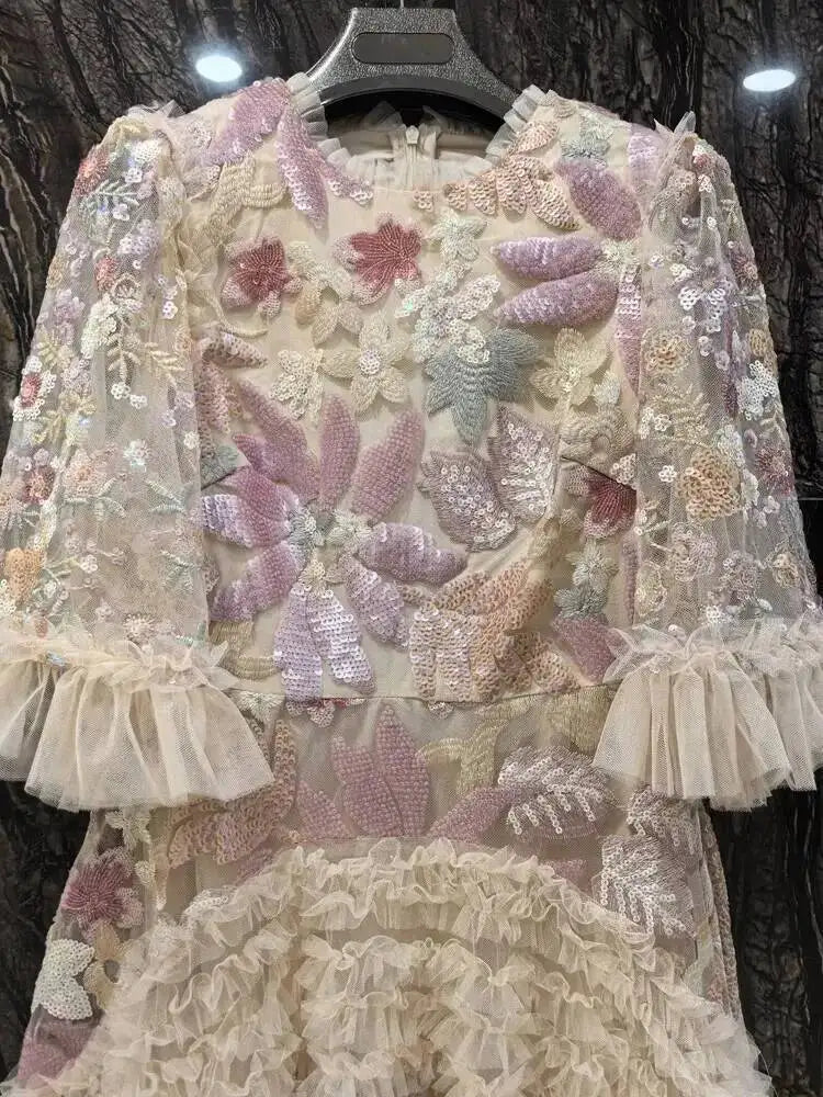 QMQA Fashion Women's Elegant Dress Embroidery Sequin Flare Sleeve Ruffle Puff Cake Dresses 2025 Summer New Female Clothing QM648