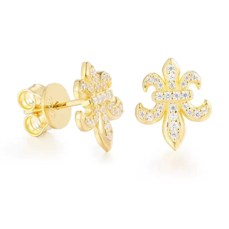 925 Sterling Silver D Color VVS Moissanite Fleur-De-Lis Stud Earrings for Women Fine Jewelry Diamond Ear Studs 14K Gold Plated