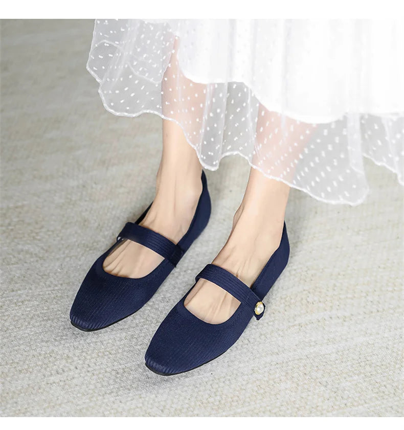 2024 Leisure Weaving Flats Women Ankle Strap Pearl Mary Stretch Fabric Ballerina  Knitting Moccasins  Mesh Ballet Solid Color