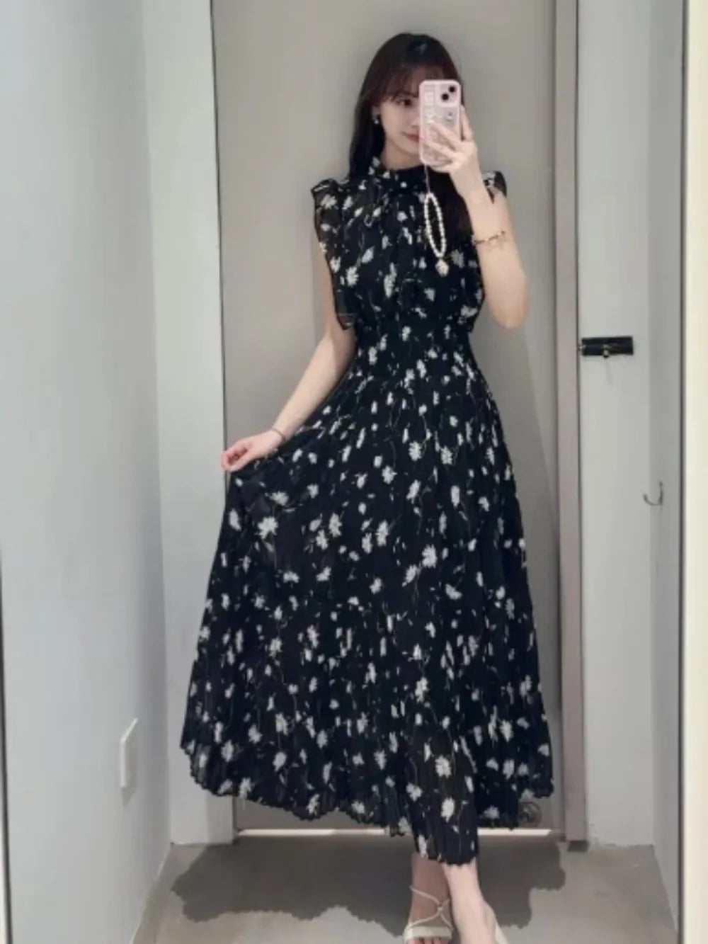Neploe Fresh Mid-length Print High Waist Robe New Gentle Literary Lace Up Pleated Slim Exquisite Mujer Japan New Elegant Dress