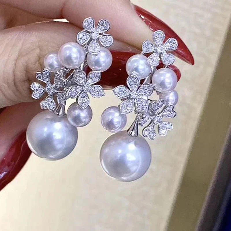Huitan Trendy Simulated Pearl Women Drop Earrings Inlaid Sparkling CZ Flower Design Charming Party Daily Accessories Jewelry