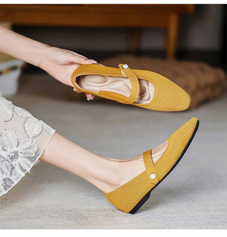 2024 Leisure Weaving Flats Women Ankle Strap Pearl Mary Stretch Fabric Ballerina  Knitting Moccasins  Mesh Ballet Solid Color