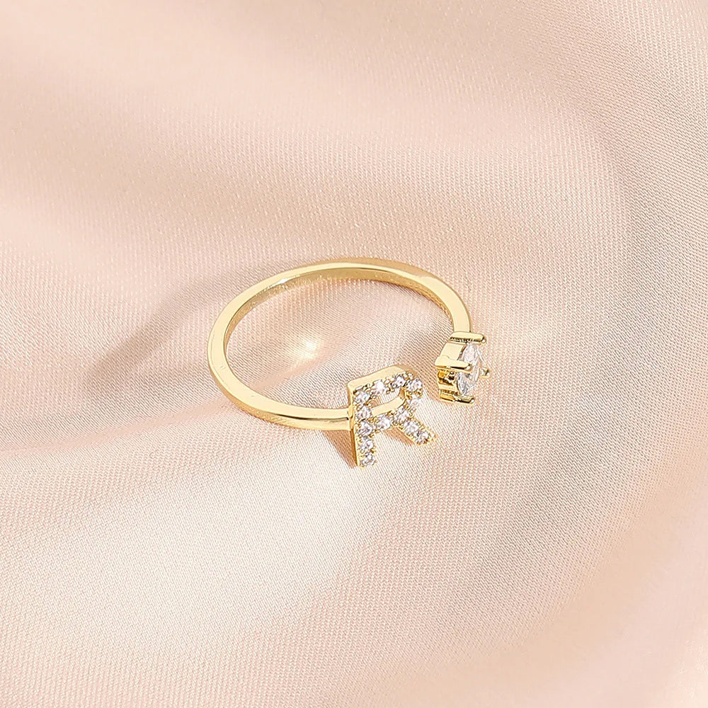 925 Sterling Silver Letter Gold Stackable Alphabet Rings with Initial Adjustable Crystal Inlaid Initial Rings Bridesmaid Gift