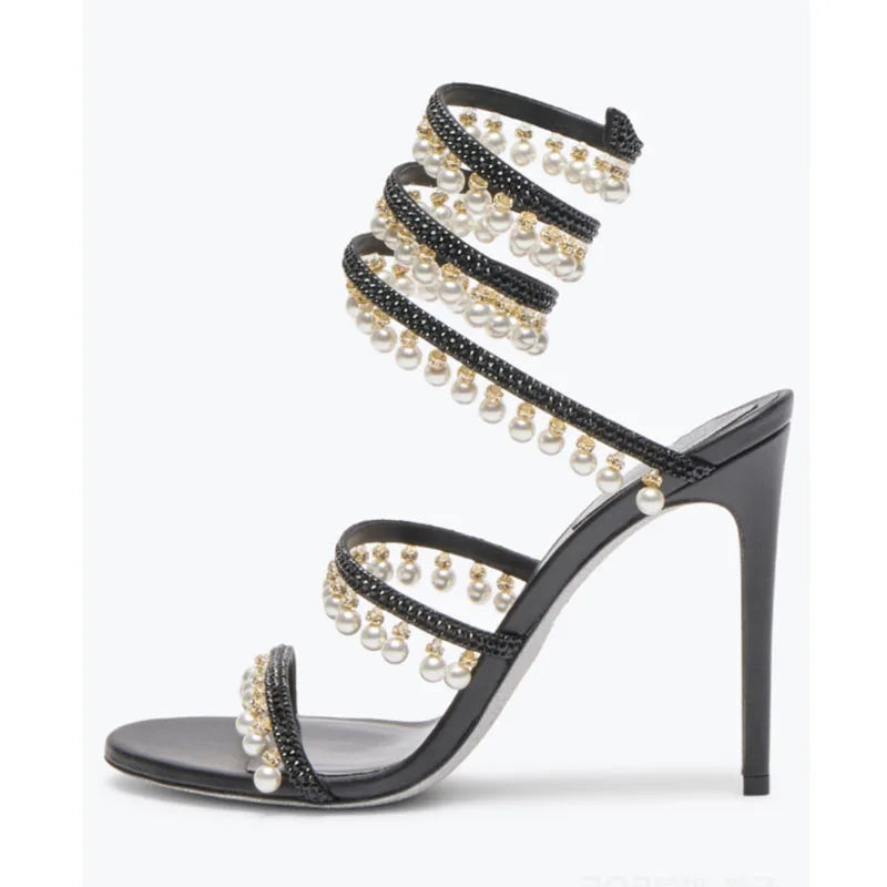 Summer new pearl rhinestone wrapped sexy waterproof platform sandals thin high-heeled banquet dress large size women's shoes