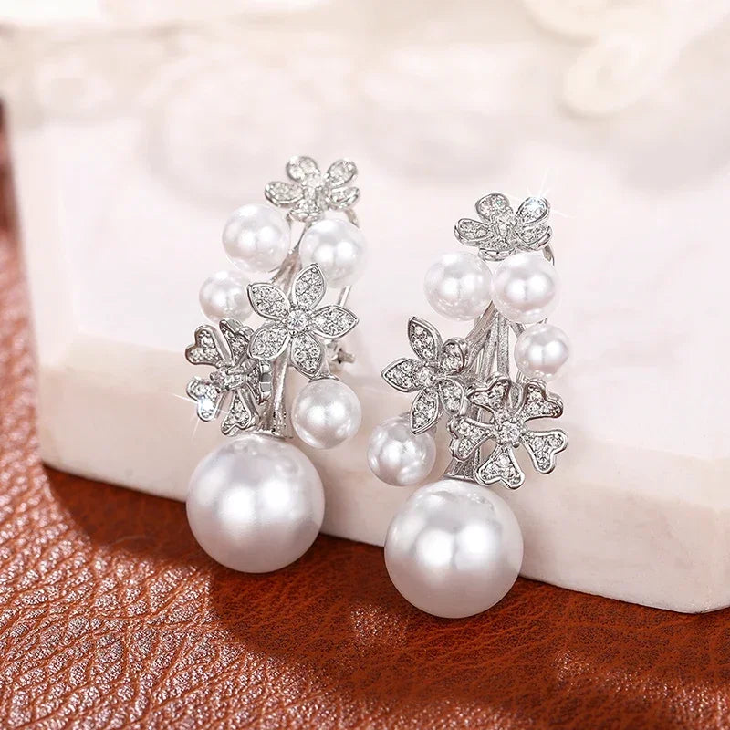 Huitan Trendy Simulated Pearl Women Drop Earrings Inlaid Sparkling CZ Flower Design Charming Party Daily Accessories Jewelry