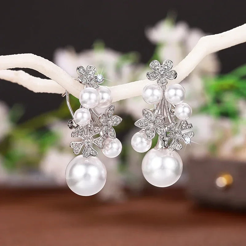 Huitan Trendy Simulated Pearl Women Drop Earrings Inlaid Sparkling CZ Flower Design Charming Party Daily Accessories Jewelry