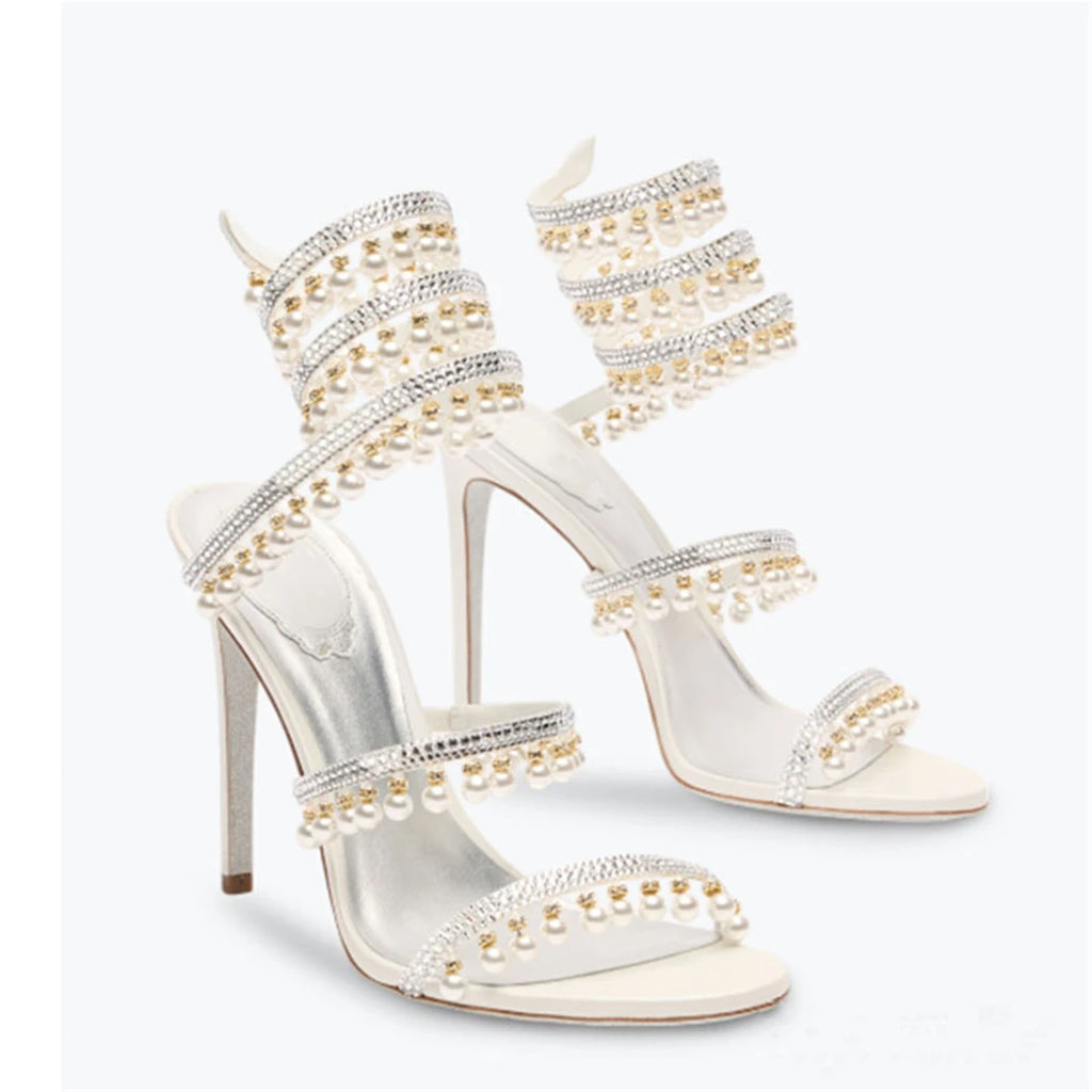 Summer new pearl rhinestone wrapped sexy waterproof platform sandals thin high-heeled banquet dress large size women's shoes
