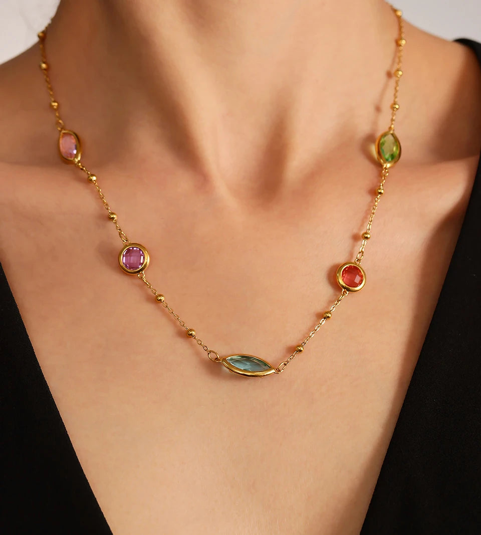 Stainless Steel Chain Necklaces Bracelet For Women 18k Gold Plated With Colorful Faceted Czech Glass Crystal Necklace Bracelets