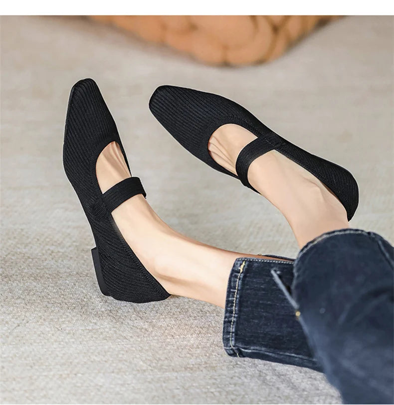 2024 Leisure Weaving Flats Women Ankle Strap Pearl Mary Stretch Fabric Ballerina  Knitting Moccasins  Mesh Ballet Solid Color