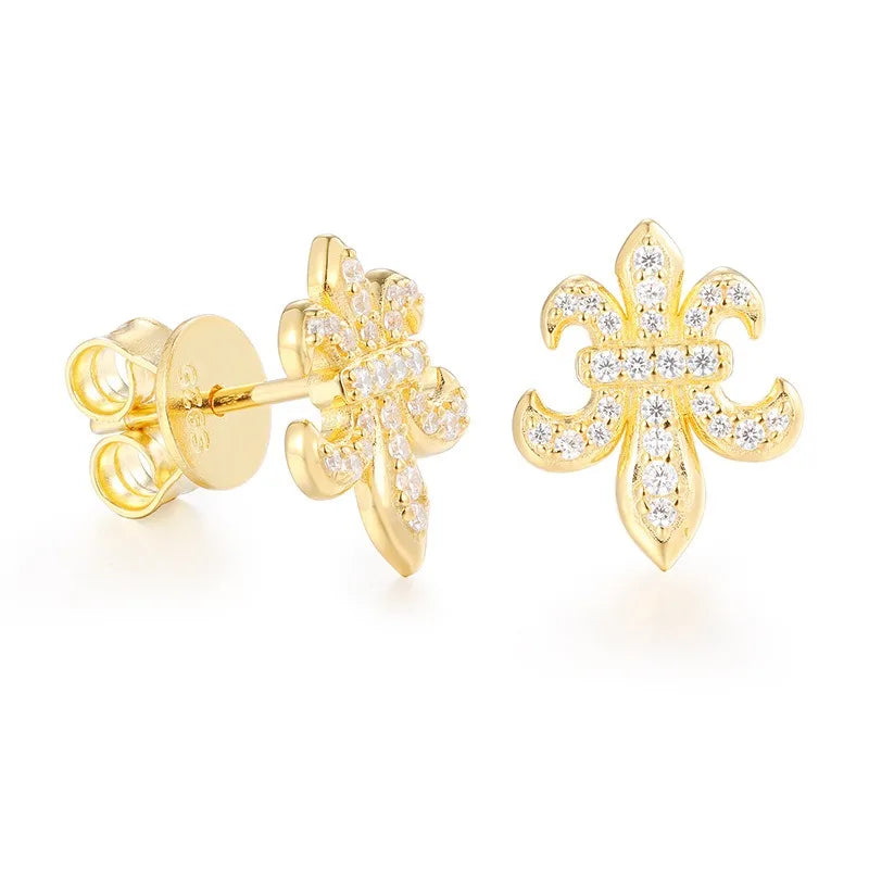 925 Sterling Silver D Color VVS Moissanite Fleur-De-Lis Stud Earrings for Women Fine Jewelry Diamond Ear Studs 14K Gold Plated