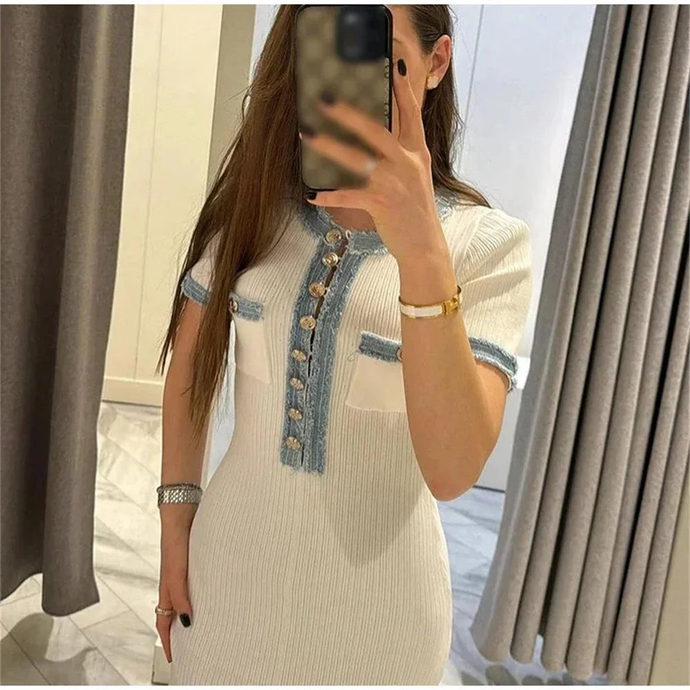 Elegant Contrasting Women Knit Maxi Dress Chic O-neck Short Sleeve Metal Buttons Bodycon Dresses Office Lady Commuting Robe