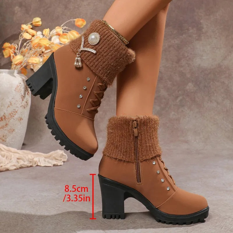 Square Heel Women Winter Shoes Classic Buckle Warm Fur Snow Ladies Boots High Heels Black Platform Ankle Boots Women Comfortable