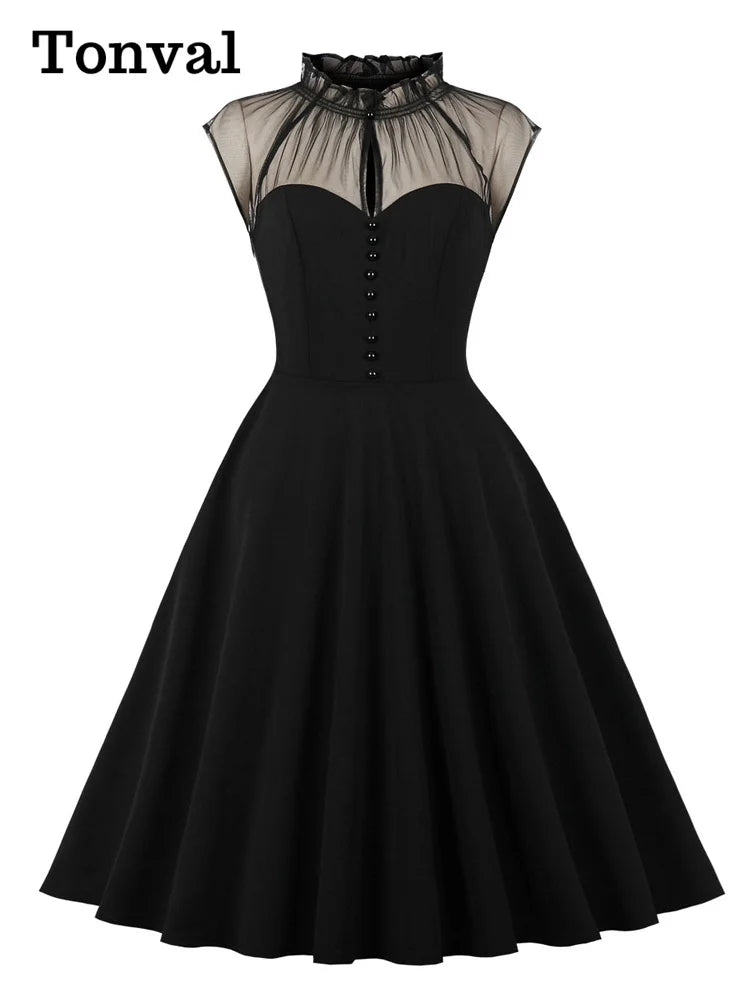 Tonval Stand Collar Button Front Mesh Patchwork Vintage Swing Dress Women Birthday Elegant Evening Party Dresses 2025 Spring