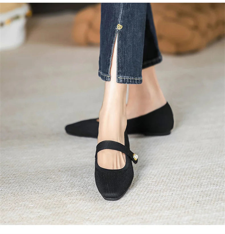2024 Leisure Weaving Flats Women Ankle Strap Pearl Mary Stretch Fabric Ballerina  Knitting Moccasins  Mesh Ballet Solid Color
