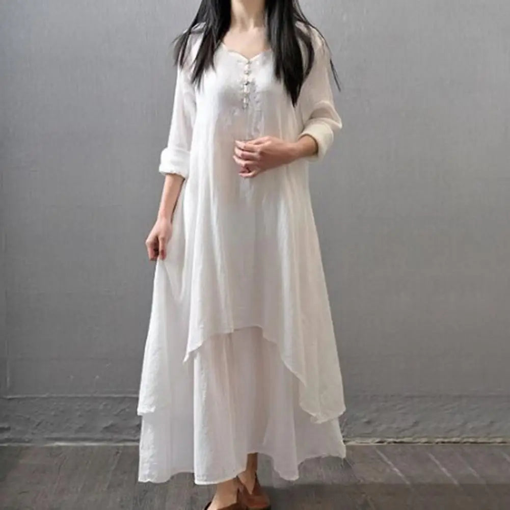 2024 Spring and Autumn Fashion Fake Two Piece Long Skirt Art Flax Dress Loose Long sleeved Cotton Linen Dress