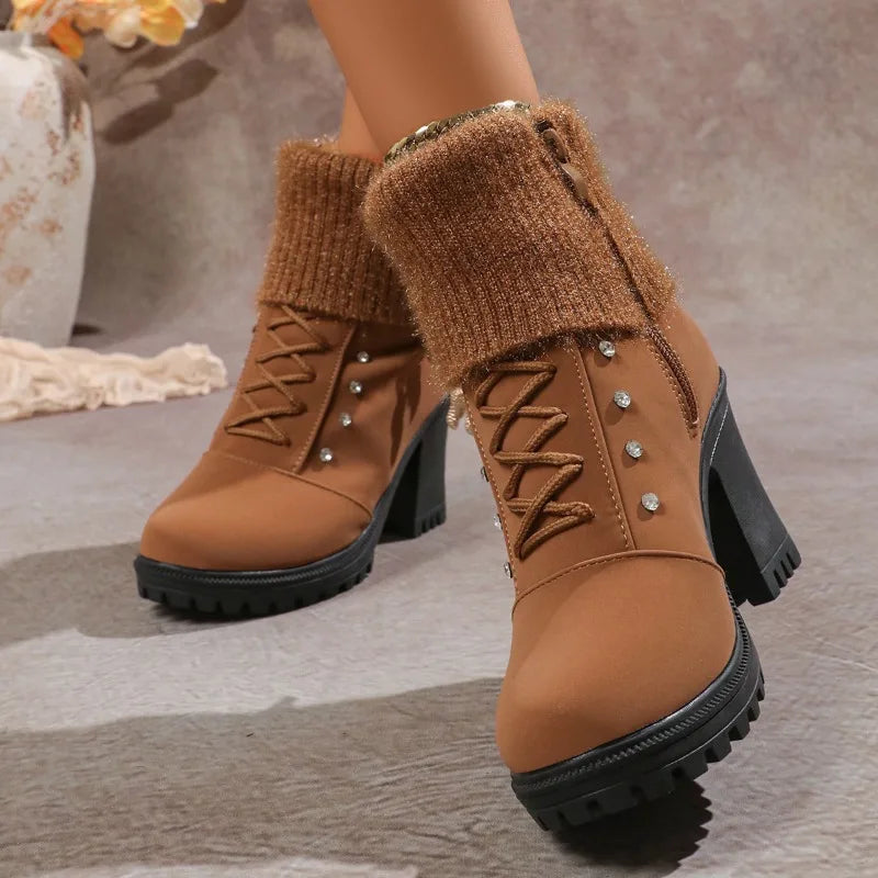 Square Heel Women Winter Shoes Classic Buckle Warm Fur Snow Ladies Boots High Heels Black Platform Ankle Boots Women Comfortable
