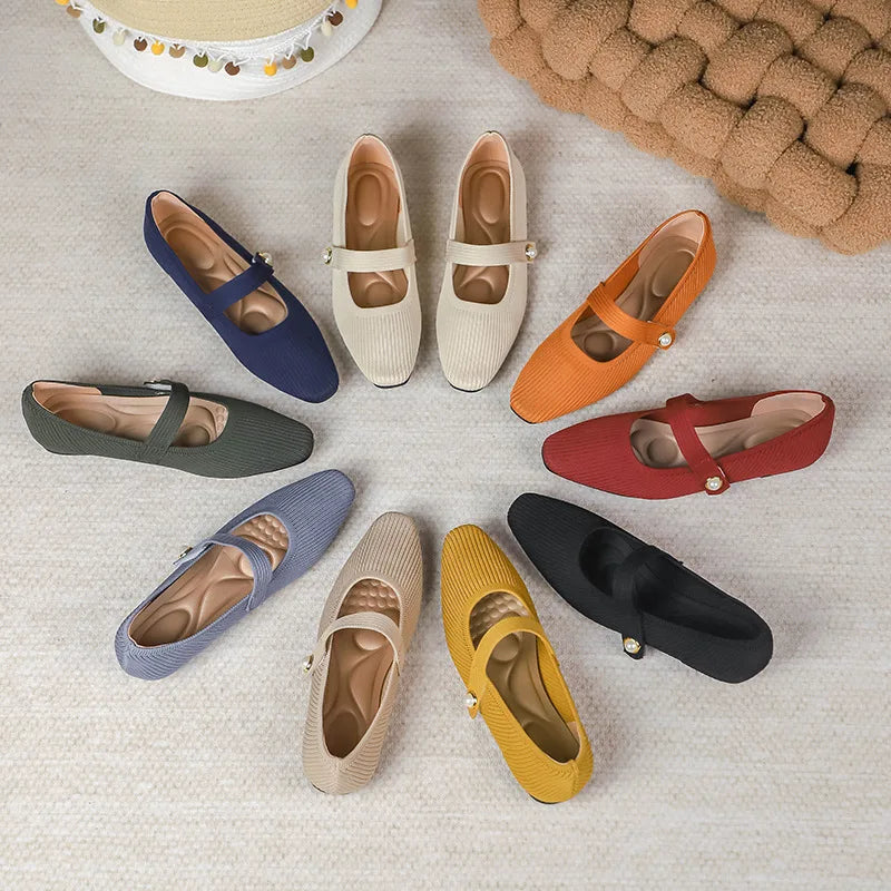 2024 Leisure Weaving Flats Women Ankle Strap Pearl Mary Stretch Fabric Ballerina  Knitting Moccasins  Mesh Ballet Solid Color
