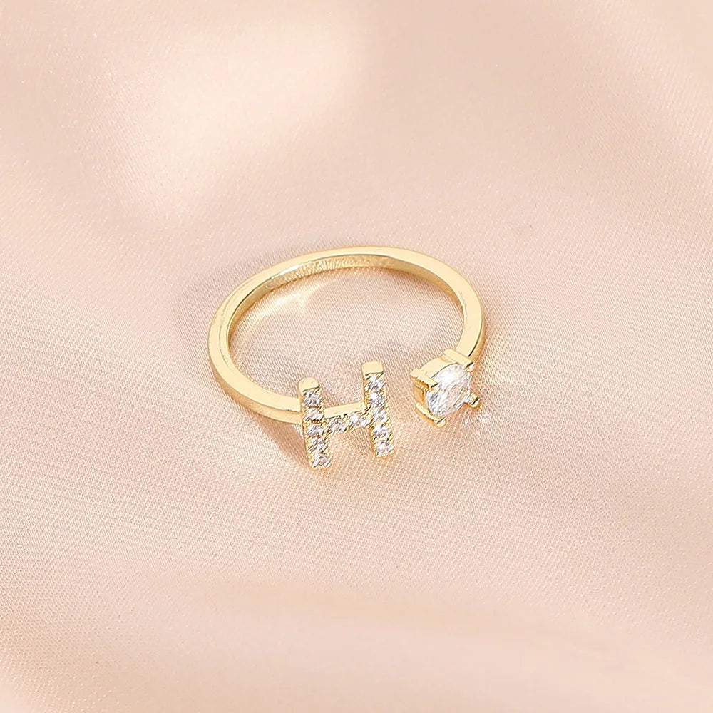 925 Sterling Silver Letter Gold Stackable Alphabet Rings with Initial Adjustable Crystal Inlaid Initial Rings Bridesmaid Gift