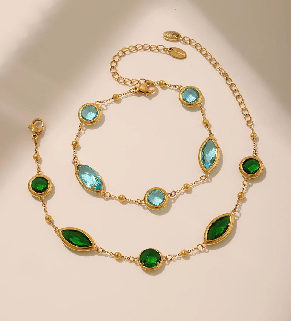 Stainless Steel Chain Necklaces Bracelet For Women 18k Gold Plated With Colorful Faceted Czech Glass Crystal Necklace Bracelets