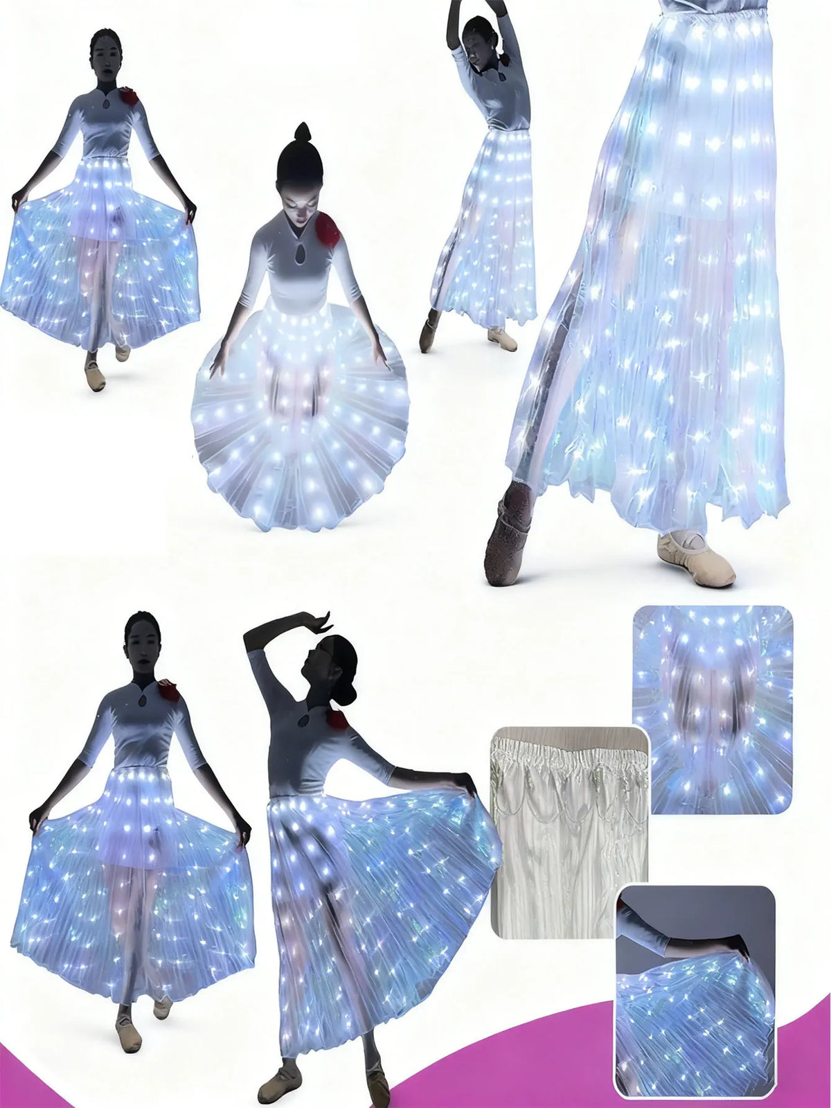 LED skirt, pleated dance skirt, elegant transparent white light celebration performance costume for the stage.
