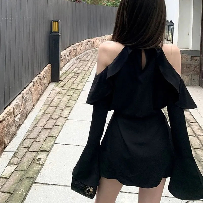 Fashion Off Shoulder Waist Dresses Female Clothing Solid Color Spring Autumn Ruffles Spliced French Style Long Sleeve Mini Dress