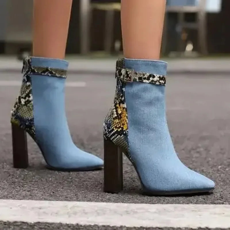 2025 Autumn New Fashion Mixed Color Lace Up Ankle Boots for Women Europe America Pointed Toe High Heel Big Size Shoes 45 46 47