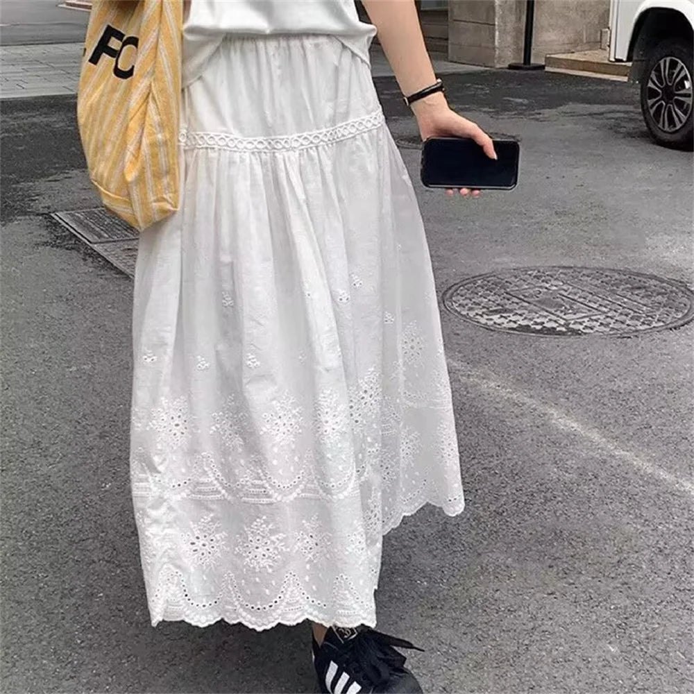 New Women's Summer Sweet White Cotton Crochet Long Skirt Spring 2025 Casual Skirts Lace up Embroidery Patchwork A-line Skirt