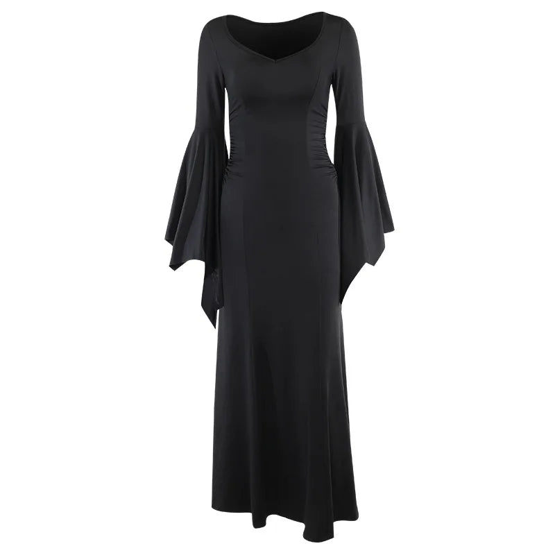 Halloween Gothic Vintage Dress Women Square Neck Patchwork Spider Web Flare Sleeves Cosplay Long Party Dress