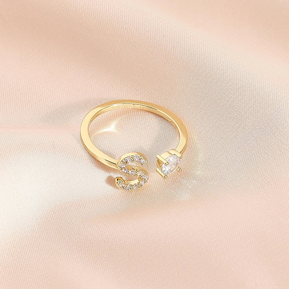 925 Sterling Silver Letter Gold Stackable Alphabet Rings with Initial Adjustable Crystal Inlaid Initial Rings Bridesmaid Gift