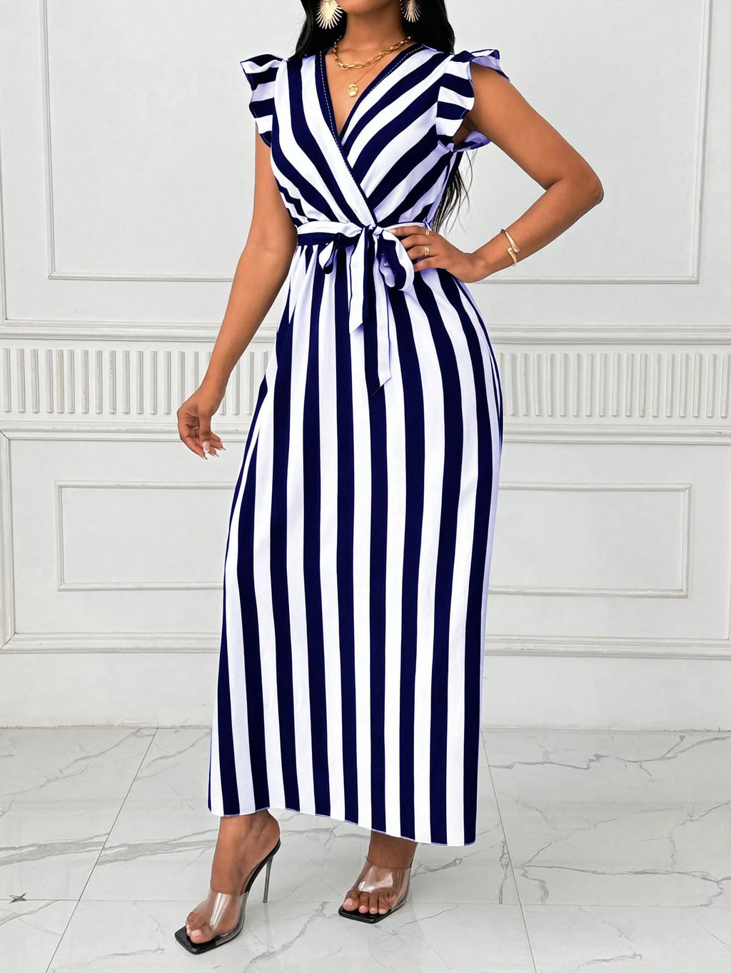Women's Ruffled Sleeve Striped Dress Casual Vintage Long Sleeve Dress Maxi Dress