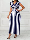 Women's Ruffled Sleeve Striped Dress Casual Vintage Long Sleeve Dress Maxi Dress
