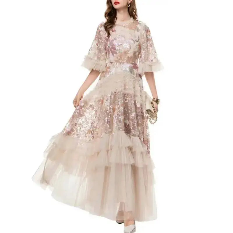 QMQA Fashion Women's Elegant Dress Embroidery Sequin Flare Sleeve Ruffle Puff Cake Dresses 2025 Summer New Female Clothing QM648