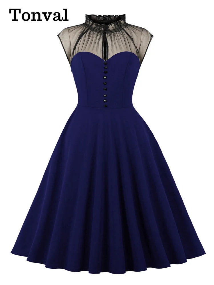 Tonval Stand Collar Button Front Mesh Patchwork Vintage Swing Dress Women Birthday Elegant Evening Party Dresses 2025 Spring