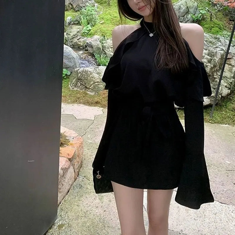 Fashion Off Shoulder Waist Dresses Female Clothing Solid Color Spring Autumn Ruffles Spliced French Style Long Sleeve Mini Dress