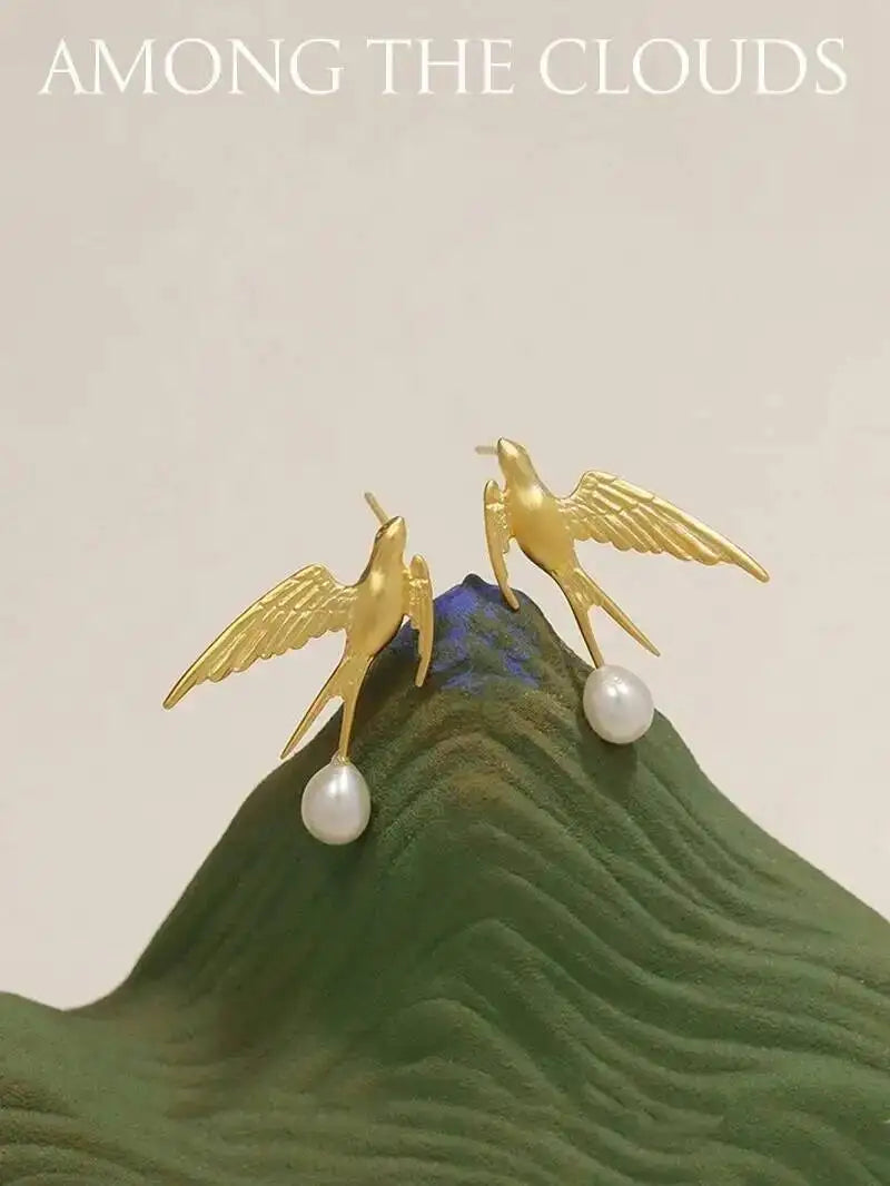 GEEZENCA 925 Silver Pearl 3D Swallow Bird Statement Earrings Women Designer Trendy Dainty Unique Stud Earring Party Gift For Her
