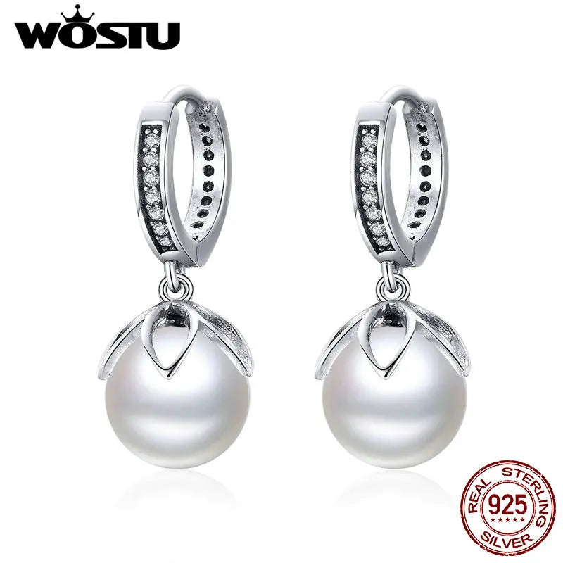 WOSTU Korean Fashion 925 Sterling Silver Freshwater Pearls Stud Earrings Zircon Silver Earrings For Women Wedding Jewelry CQE482