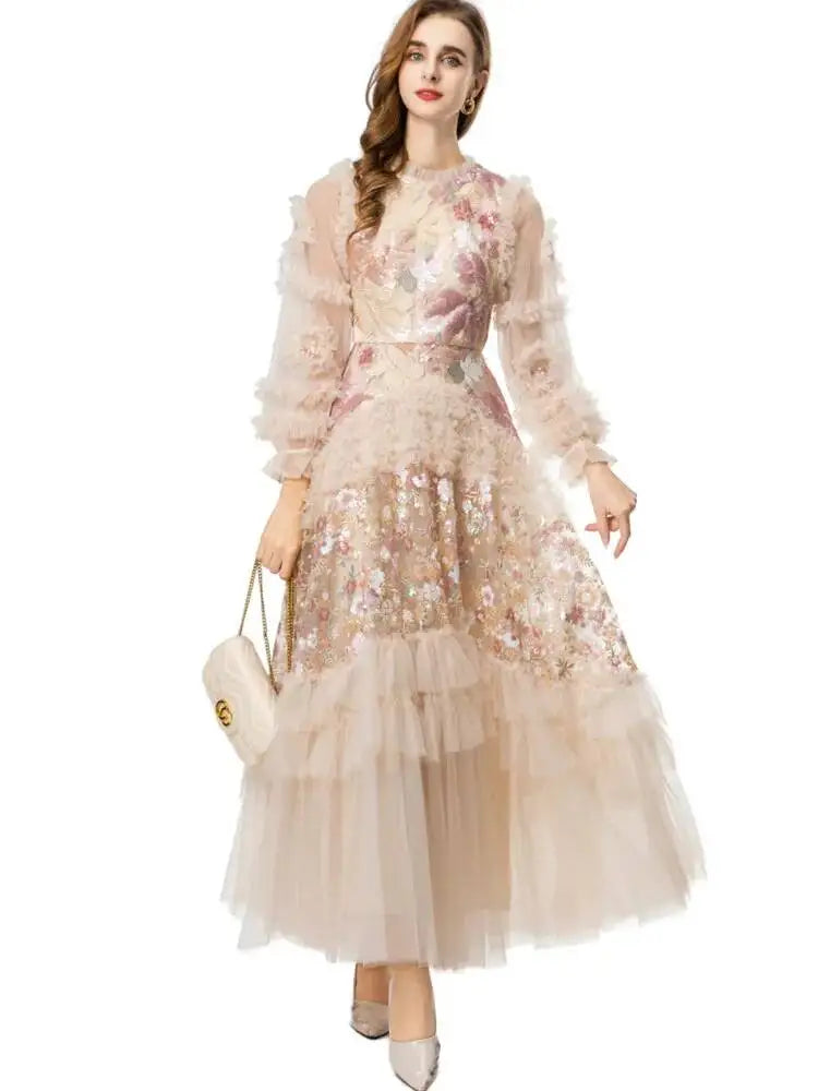 QMQA Fashion Women's Elegant Dress Embroidery Sequin Flare Sleeve Ruffle Puff Cake Dresses 2025 Summer New Female Clothing QM648