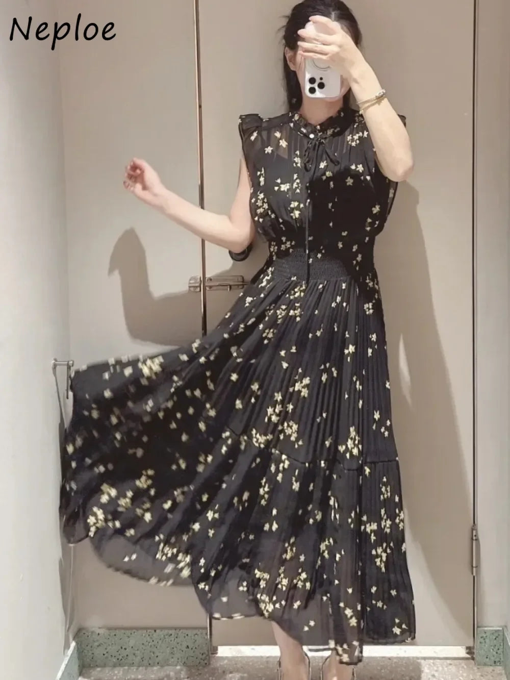 Neploe Fresh Mid-length Print High Waist Robe New Gentle Literary Lace Up Pleated Slim Exquisite Mujer Japan New Elegant Dress