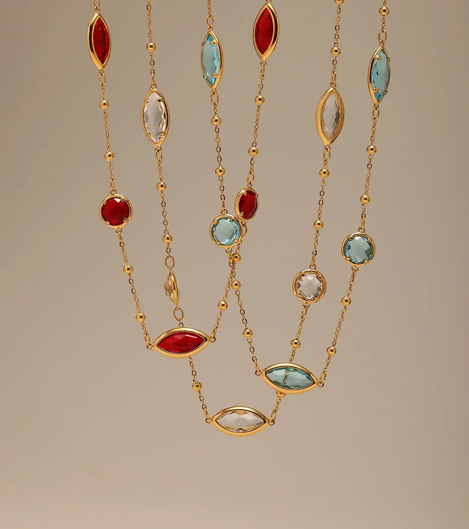 Stainless Steel Chain Necklaces Bracelet For Women 18k Gold Plated With Colorful Faceted Czech Glass Crystal Necklace Bracelets