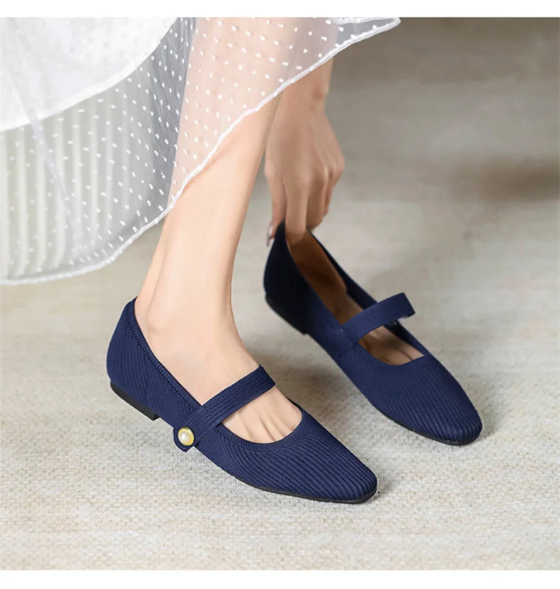 2024 Leisure Weaving Flats Women Ankle Strap Pearl Mary Stretch Fabric Ballerina  Knitting Moccasins  Mesh Ballet Solid Color