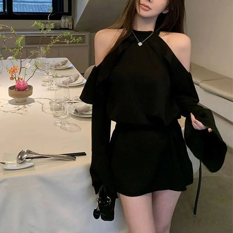 Fashion Off Shoulder Waist Dresses Female Clothing Solid Color Spring Autumn Ruffles Spliced French Style Long Sleeve Mini Dress