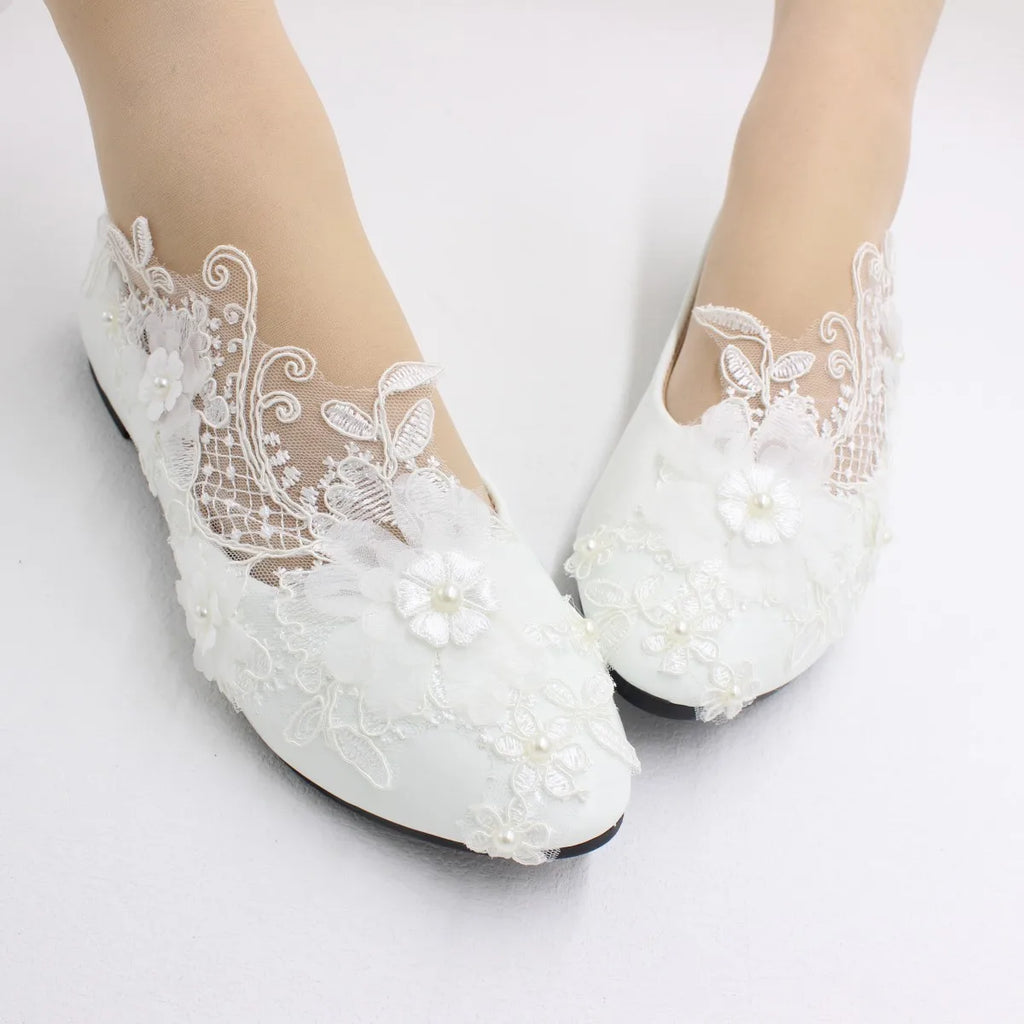 New Spring Lace Wedding Shoes White Flat Bride Shoes Original Design Princess Women's Single Shoes Suitable for Wedding Dress Ph