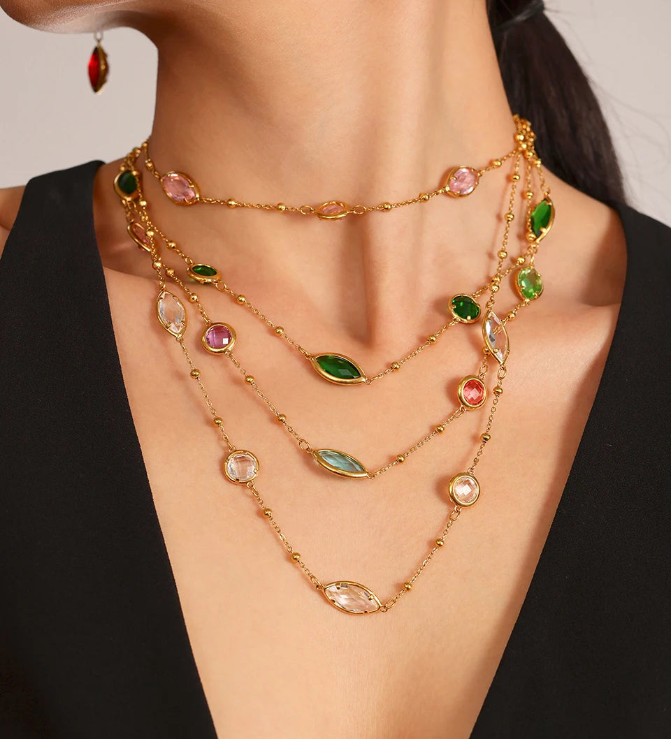 Stainless Steel Chain Necklaces Bracelet For Women 18k Gold Plated With Colorful Faceted Czech Glass Crystal Necklace Bracelets