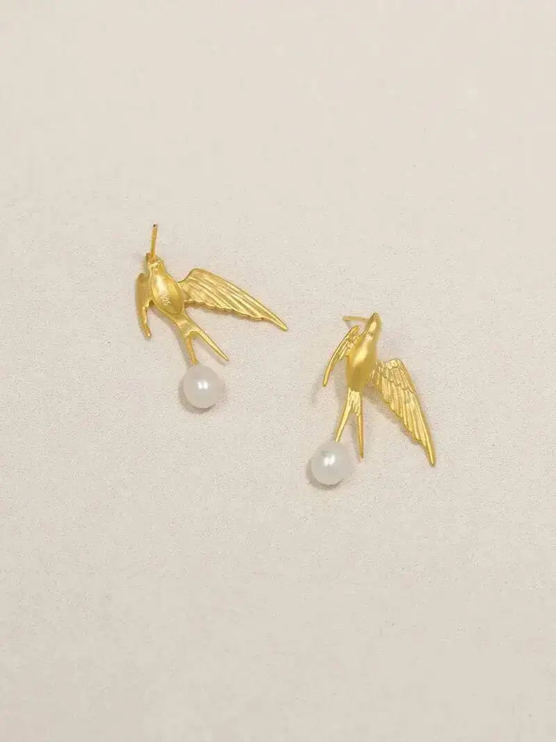 GEEZENCA 925 Silver Pearl 3D Swallow Bird Statement Earrings Women Designer Trendy Dainty Unique Stud Earring Party Gift For Her