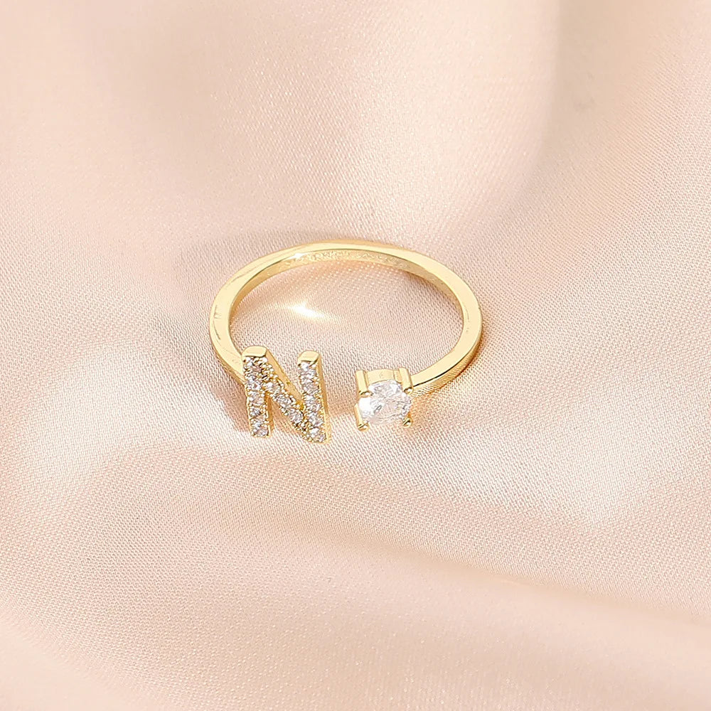 925 Sterling Silver Letter Gold Stackable Alphabet Rings with Initial Adjustable Crystal Inlaid Initial Rings Bridesmaid Gift