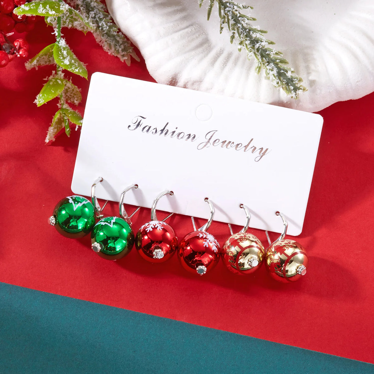 3 Pairs/Set Creative Acrylic Ball Hoop Earrings for Women Christmas Printing Snowflake Bell Ball Dangle Earring New Year Jewelry