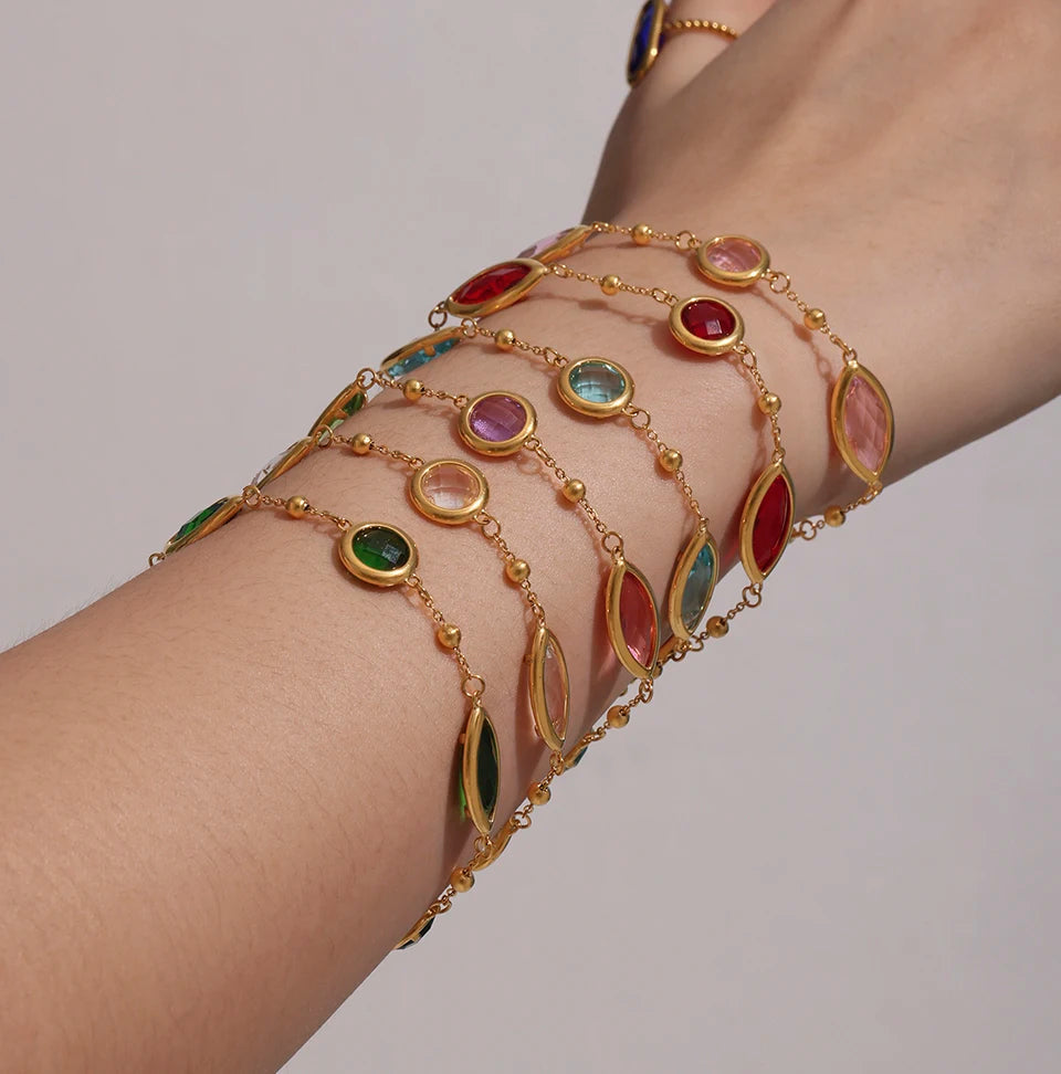 Stainless Steel Chain Necklaces Bracelet For Women 18k Gold Plated With Colorful Faceted Czech Glass Crystal Necklace Bracelets