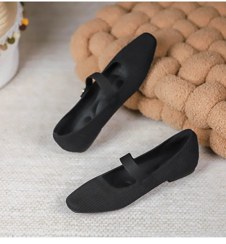 2024 Leisure Weaving Flats Women Ankle Strap Pearl Mary Stretch Fabric Ballerina  Knitting Moccasins  Mesh Ballet Solid Color